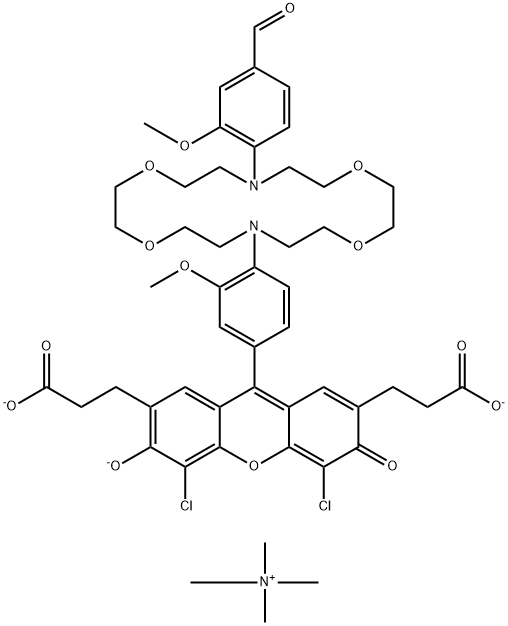 Methanaminium, N,N,N-trimethyl-, 4,5-dichloro-9-[4-[16-(4-formyl-2-methoxyphenyl)-1,4,10,13-tetraoxa-7,16-diazacyclooctadec-7-yl]-3-methoxyphenyl]-6-hydroxy-3-oxo-3H-xanthene-2,7-dipropanoate (3:1) Struktur