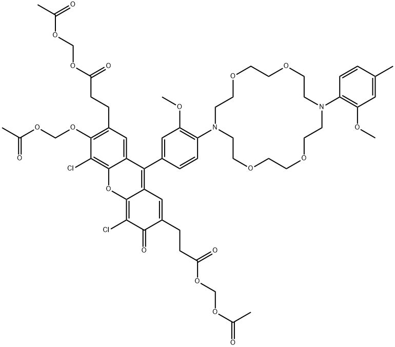 3H-Xanthene-2,7-dipropanoic acid, 6-[(acetyloxy)methoxy]-4,5-dichloro-9-[3-methoxy-4-[16-(2-methoxy-4-methylphenyl)-1,4,10,13-tetraoxa-7,16-diazacyclooctadec-7-yl]phenyl]-3-oxo-, 2,7-bis[(acetyloxy)methyl] ester Struktur