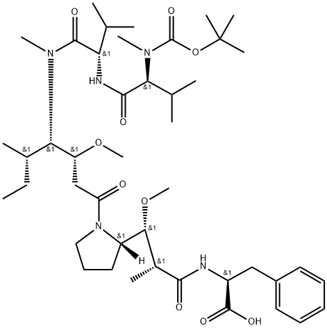 L-Phenylalanine, N-[(1,1-dimethylethoxy)carbonyl]-N-methyl-L-valyl-L-valyl-(3R,4S,5S)-3-methoxy-5-methyl-4-(methylamino)heptanoyl-(αR,βR,2S)-β-methoxy-α-methyl-2-pyrrolidinepropanoyl- Struktur