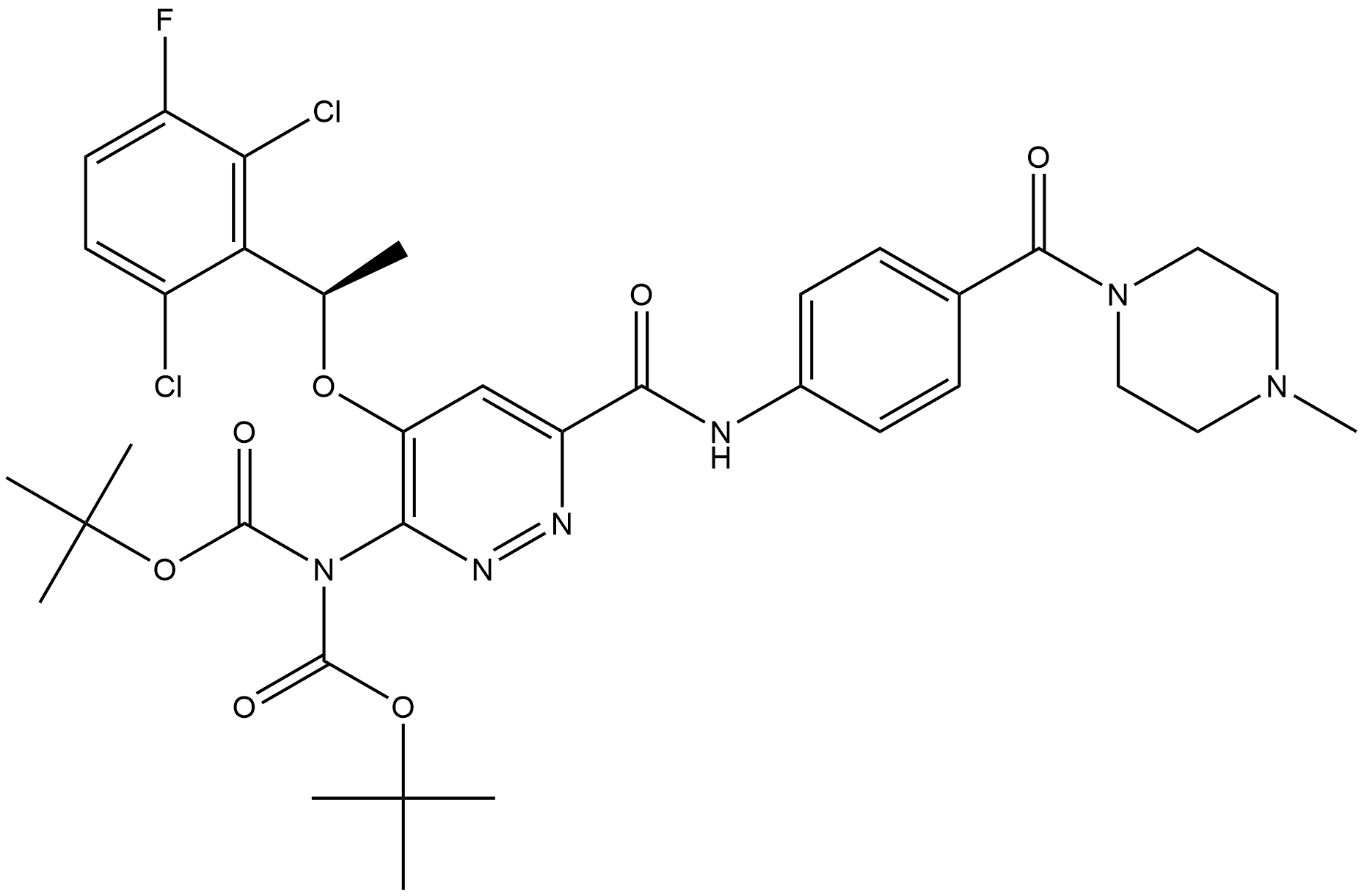 C[C@H](C1=C(C=CC(F)=C1Cl)Cl)OC2=CC(C(NC3=CC=C(C(N4CCN(CC4)C)=O)C=C3)=O)=NN=C2N(C(OC(C)(C)C)=O)C(OC(C)(C)C)=O