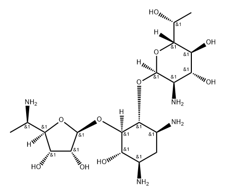 D-Streptamine, O-5-amino-5,6-dideoxy-β-D-allofuranosyl-(1→5)-O-[2-amino-2,7-dideoxy-D-glycero-α-D-gluco-heptopyranosyl-(1→4)]-2-deoxy- Struktur