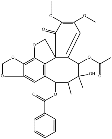 1H,14H-Benzo[1,8]cycloocta[1,2,3-cd][1,3]dioxolo[4,5-g]benzofuran-1-one, 5-(acetyloxy)-8-(benzoyloxy)-5,6,7,8-tetrahydro-6-hydroxy-2,3-dimethoxy-6,7-dimethyl-, stereoisomer (9CI) Struktur