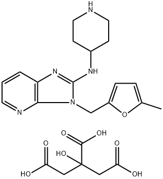 3H-Imidazo[4,5-b]pyridin-2-amine, 3-[(5-methyl-2-furanyl)methyl]-N-4-piperidinyl-, 2-hydroxy-1,2,3-propanetricarboxylate (1:1) Struktur