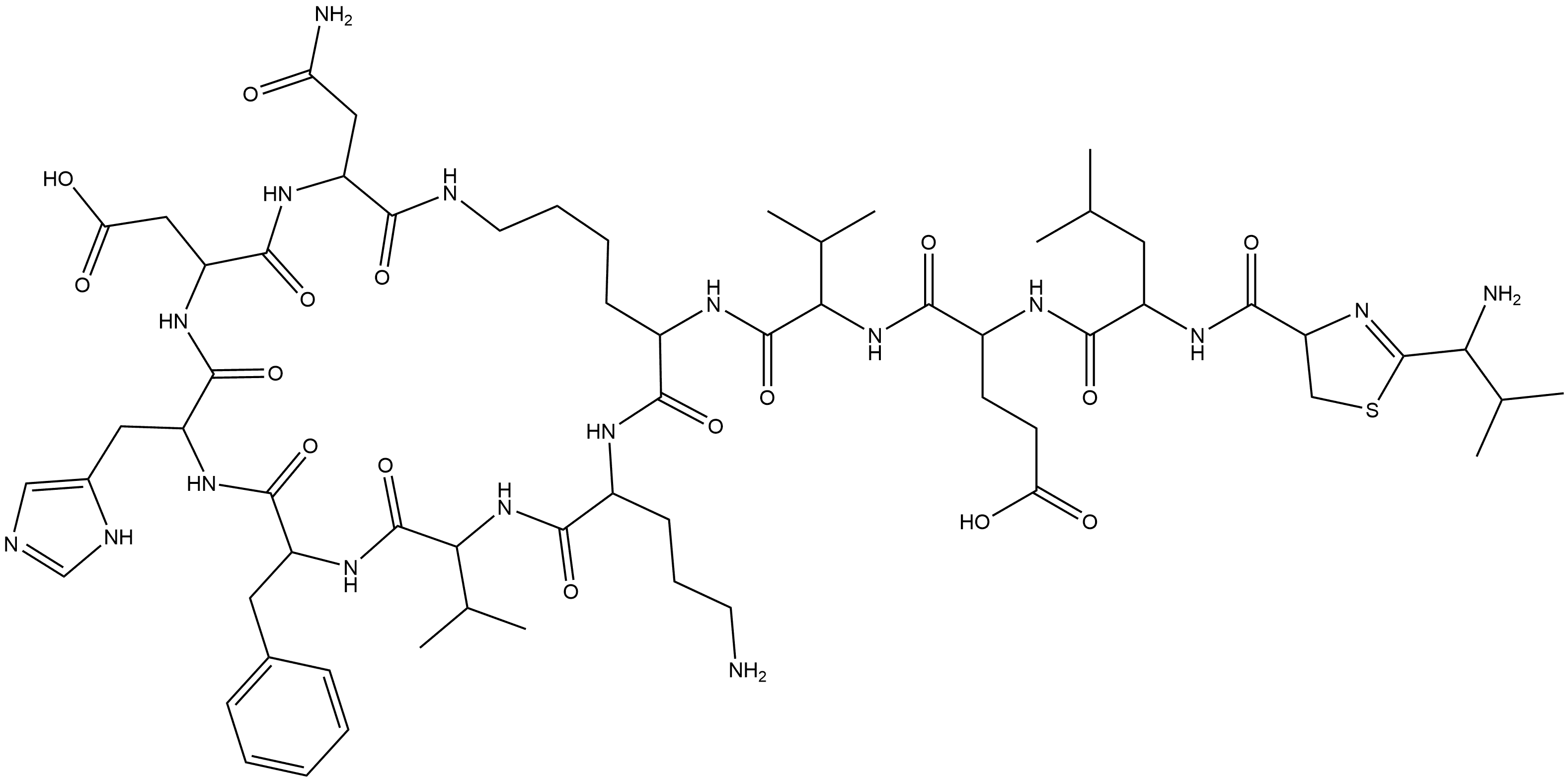 L-Asparagine, N-[[(4R)-2-[(1S)-1-amino-2-methylpropyl]-4,5-dihydro-4-thiazolyl]carbonyl]-L-leucyl-D-α-glutamyl-L-valyl-L-lysyl-D-ornithyl-L-valyl-D-phenylalanyl-L-histidyl-D-α-aspartyl-, (10→4)-lactam Struktur