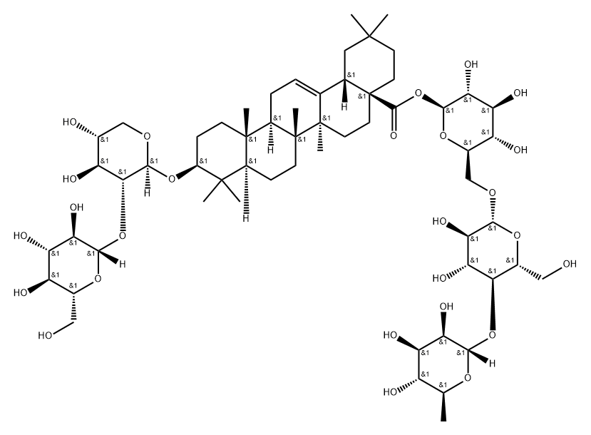 Olean-12-en-28-oic acid, 3-[(2-O-β-D-glucopyranosyl-β-D-xylopyranosyl)oxy]-, O-6-deoxy-α-L-mannopyranosyl-(1→4)-O-β-D-glucopyranosyl-(1→6)-β-D-glucopyranosyl ester, (3β)- Struktur