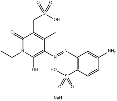 Sodium hydrogen 4-amino-2-{[1-ethyl-2-hydroxy-4-methyl-6-oxo-5-(sulfonatomethyl)-1,6-dihydropyridin-3-yl]diazenyl}benzenesulfonate (1:1:1) Struktur