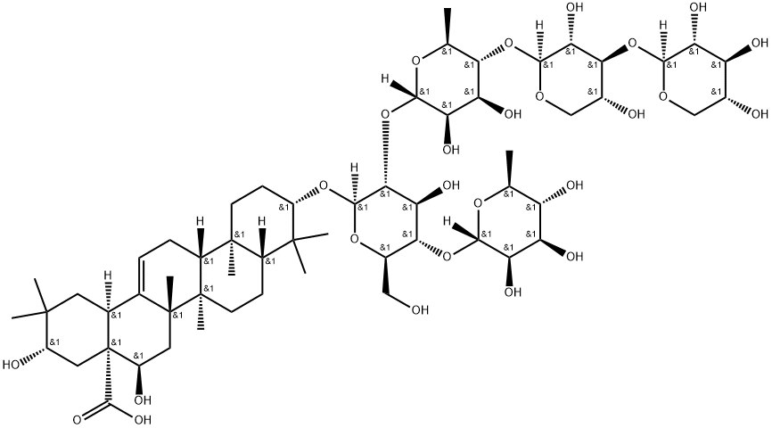 3-O-((xylopyranosyl-1-3-xylopyranosyl-1-4-rhamnopyranosyl-1-2)-(rhamnopyranosyl-1-4)-glucopyranosyl)-3,16-trihydroxyolean-12-en-28-oic acid Struktur