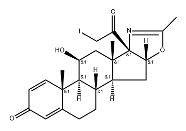 5'H-Pregna-1,4-dieno[17,16-d]oxazole-3,20-dione, 11-hydroxy-21-iodo-2'-methyl-, (11β,16β)- Struktur