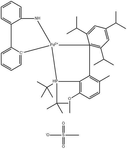 Methanesulfonato(2-(di-t-butylphosphino)-3-methoxy-6-methyl-2',4',6'-tri-i-propyl-1,1'-biphenyl)(2'-amino-1,1'-biphenyl-2-yl)palladium(II) Struktur