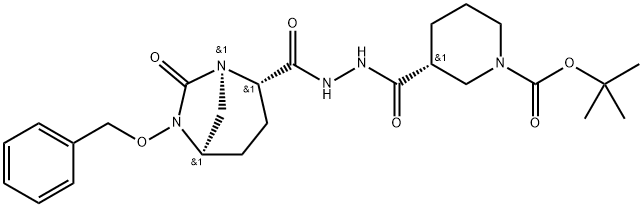 1,3-Piperidinedicarboxylic acid, 1-(1,1-dimethylethyl) ester, 3-[2-[[(1R,2S,5R)-7-oxo-6-(phenylmethoxy)-1,6-diazabicyclo[3.2.1]oct-2-yl]carbonyl]hydrazide], (3R)- Struktur