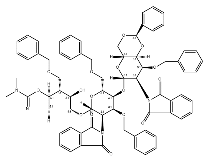 .beta.-D-Allopyranoside, (3aS,4R,5R,6R,6aS)-2-(dimethylamino)-3a,5,6,6a-tetrahydro-5-hydroxy-6-(phenylmethoxy)methyl-4H-cyclopentoxazol-4-yl 2-deoxy-4-O-2-deoxy-2-(1,3-dihydro-1,3-dioxo-2H-isoindol-2-yl)-3-O-(phenylmethyl)-4,6-O-(R)-phenylmethylene-.beta. Struktur