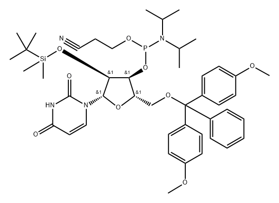 2,4(1H,3H)-Pyrimidinedione, 1-[5-O-[bis(4-methoxyphenyl)phenylmethyl]-3-O-[[bis(1-methylethyl)amino](2-cyanoethoxy)phosphino]-2-O-[(1,1-dimethylethyl)dimethylsilyl]-β-L-ribofuranosyl]- Struktur