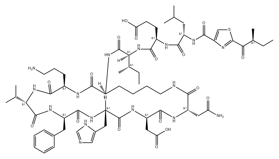 L-Asparagine, N-[[2-[(2S)-2-methyl-1-oxobutyl]-4-thiazolyl]carbonyl]-L-leucyl-D-α-glutamyl-L-isoleucyl-L-lysyl-D-ornithyl-L-valyl-D-phenylalanyl-L-histidyl-D-α-aspartyl-, (10→4)-lactam Struktur