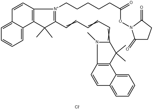 1H-Benz[e]indolium, 2-[5-(1,3-dihydro-1,1,3-trimethyl-2H-benz[e]indol-2-ylidene)-1,3-pentadien-1-yl]-3-[6-[(2,5-dioxo-1-pyrrolidinyl)oxy]-6-oxohexyl]-1,1-dimethyl-, chloride (1:1) Struktur