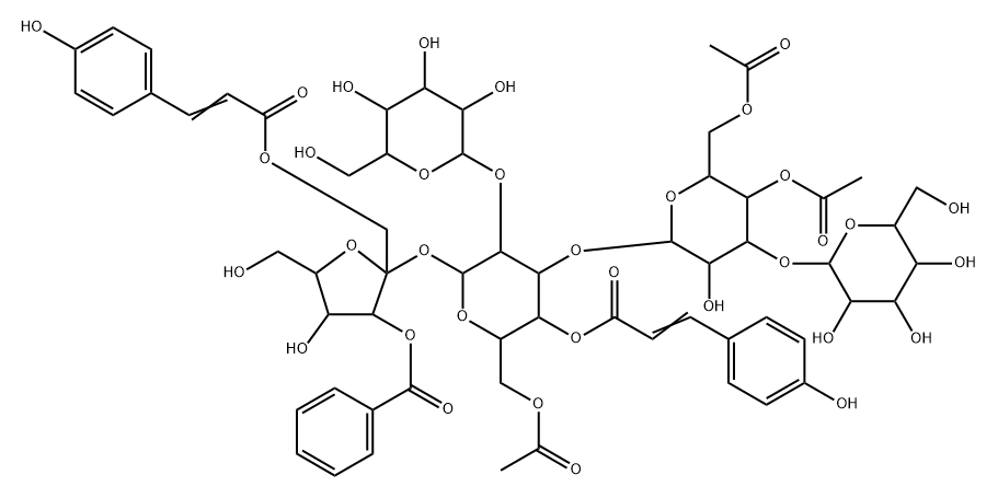 a-D-Glucopyranoside,3-O-benzoyl-1-O-[(2E)-3-(4-hydroxyphenyl)-1-oxo-2-propenyl]-b-D-fructofuranosyl O-b-D-glucopyranosyl-(1(R)2)-O-[O-b-D-glucopyranosyl-(1(R)3)-4,6-di-O-acetyl-b-D-glucopyranosyl-(1(R)3)]-, 6-acetate4-[(2E)-3-(4-hydroxyphenyl)-2-propenoate] (9CI) Struktur