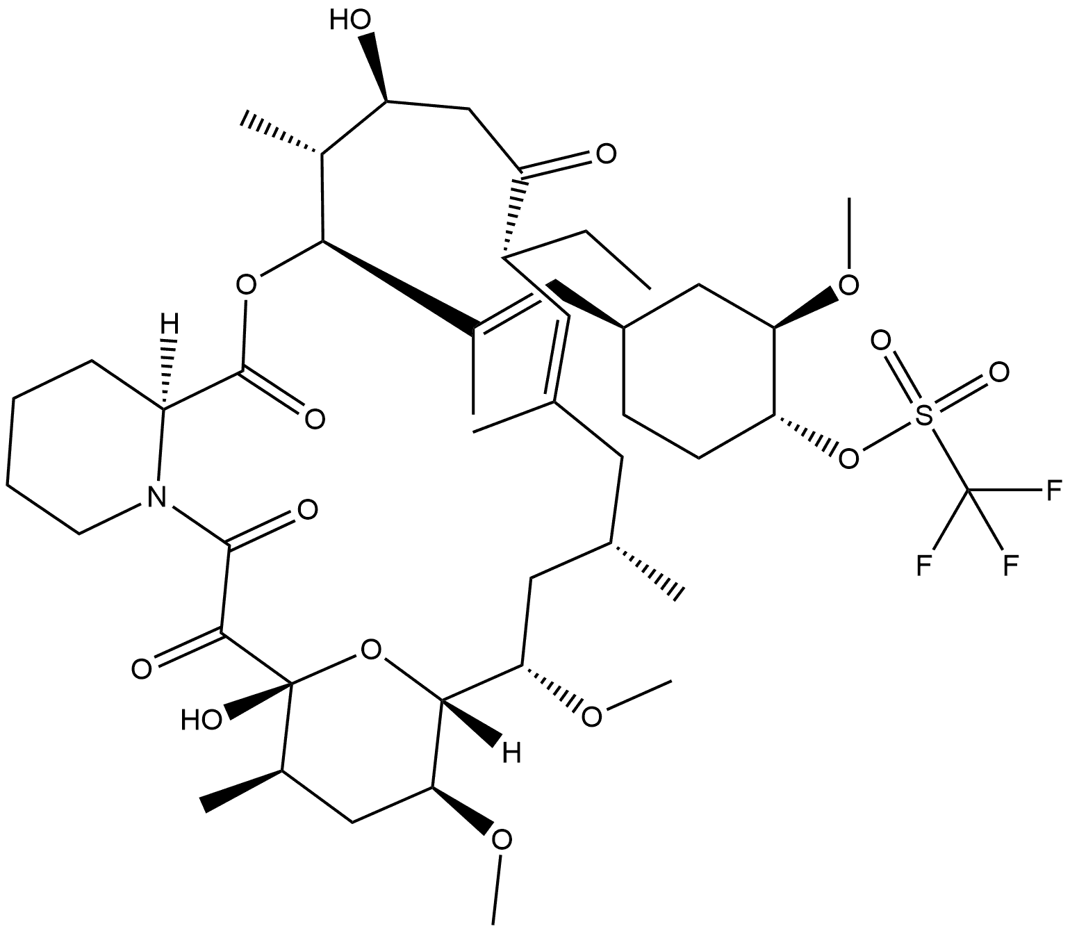 Methanesulfonic acid, trifluoro-, 4-[2-(8-ethyl-1,4,5,6,7,8,11,12,13,14,15,16,17,18,19,20,21,23,24,25,26,26a-docosahydro-5,19-dihydroxy-14,16-dimethoxy-4,10,12,18-tetramethyl-1,7,20,21-tetraoxo-15,19-epoxy-3H-pyrido[2,1-c][1,4]oxaazacyclotricosin-3-yl)-1-propenyl]-2-methoxycyclohexyl ester, [3S-[3R*... Struktur