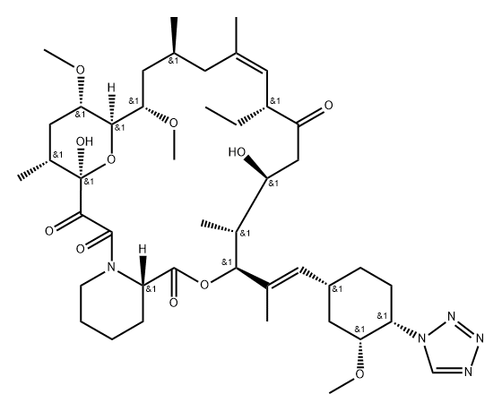 15,19-Epoxy-3H-pyrido[2,1-c][1,4]oxaazacyclotricosine-1,7,20,21(4H,23H)-tetrone, 8-ethyl-5,6,8,11,12,13,14,15,16,17,18,19,24,25,26,26a-hexadecahydro-5,19-dihydroxy-14,16-dimethoxy-3-[(1E)-2-[(1R,3R,4S)-3-methoxy-4-(1H-tetrazol-1-yl)cyclohexyl]-1-methylethenyl]-4,10,12,18-tetramethyl-, (3S,4R,5S,8R,9E,12S,14S,15R,16S,18R,19R,26aS)- Struktur