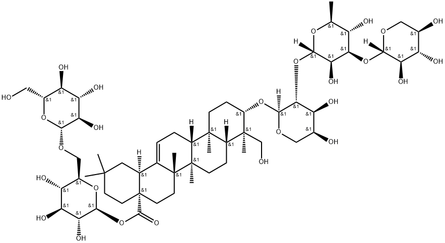 Olean-12-en-28-oic acid, 23-hydroxy-3-[(O-β-D-xylopyranosyl-(1→3)-O-6-deoxy-α-L-mannopyranosyl-(1→2)-α-L-arabinopyranosyl)oxy]-, 6-O-β-D-glucopyranosyl-β-D-glucopyranosyl ester, (3β,4α)- Struktur