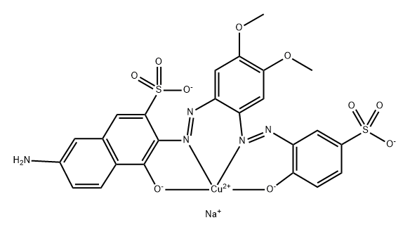 disodium [7-amino-4-(hydroxy-kO)-3-[(2-{[2-(hydroxy-kO)-5-sulfophenyl]diazenyl-kN1}-4,5-dimethoxyphenyl)diazenyl-kN2]naphthalene-2-sulfonato(4-)]cuprate(2-) Struktur