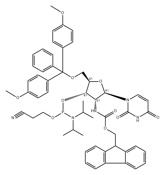 Uridine, 5-O-[bis(4-methoxyphenyl)phenylmethyl]-2-deoxy-2-[[(9H-fluoren-9-ylmethoxy)carbonyl]amino]-, 3-[2-cyanoethyl bis(1-methylethyl)phosphoramidite] (9CI) Struktur