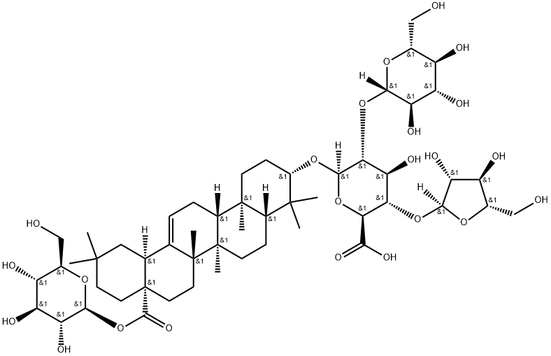 β-D-Glucopyranosiduronic acid, (3β)-28-(β-D-glucopyranosyloxy)-28-oxoolean-12-en-3-yl O-α-L-arabinofuranosyl-(1→4)-O-[β-D-glucopyranosyl-(1→2)]- Struktur