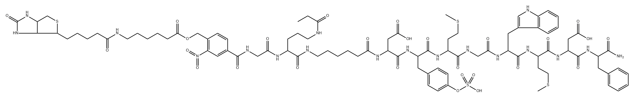 4-(biotin-epsilon-(aminohexanoyl)oxymethyl)-3-nitrobenzoyl-glycyl-(propionyl)ornithinyl-epsilon-aminohexanoyl-cholecystokinin Struktur