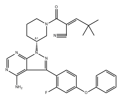 1-Piperidinepropanenitrile, 3-[4-amino-3-(2-fluoro-4-phenoxyphenyl)-1H-pyrazolo[3,4-d]pyrimidin-1-yl]-α-(2,2-dimethylpropylidene)-β-oxo-, (αE,3R)- Struktur