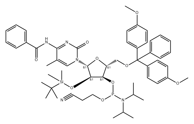 Cytidine, N-benzoyl-5'-O-[bis(4-methoxyphenyl)phenylmethyl]-2'-O-[(1,1-dimethylethyl)dimethylsilyl]-5-methyl-, 3'-[2-cyanoethyl bis(1-methylethyl)phosphoramidite] (9CI) Struktur