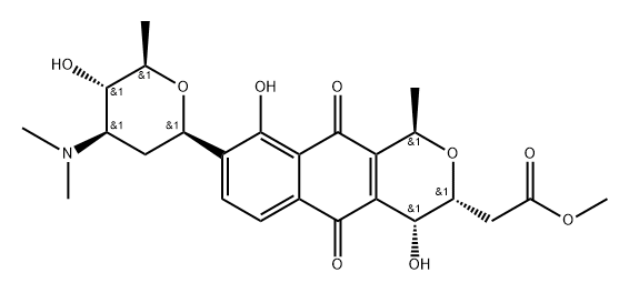 1H-Naphtho(2,3-c)pyran-3-acetic acid, 3,4,5,10-tetrahydro-4,9-dihydrox y-1-methyl-5,10-dioxo-8-(2,3,6-trideoxy-3-(dimethylamino)-beta-D-arabi no-hexopyranosyl)-, methyl ester, (R-(1alpha,3beta,4beta))- Struktur