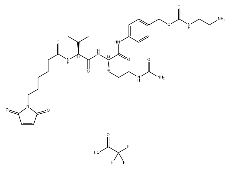 L-Ornithinamide, N-[6-(2,5-dihydro-2,5-dioxo-1H-pyrrol-1-yl)-1-oxohexyl]-L-valyl-N5-(aminocarbonyl)-N-[4-[[[[(2-aminoethyl)amino]carbonyl]oxy]methyl]phenyl]-, 2,2,2-trifluoroacetate (1:1) Struktur