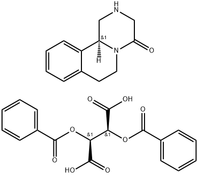 Butanedioic acid, 2,3-bis(benzoyloxy)-, (2S,3S)-, compd. with (11bS)-1,2,3,6,7,11b-hexahydro-4H-pyrazino[2,1-a]isoquinolin-4-one (1:1) Struktur