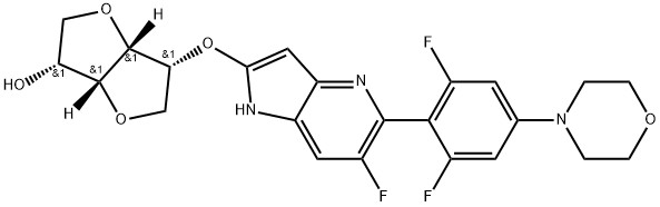 D-Mannitol, 1,4:3,6-dianhydro-2-O-[5-[2,6-difluoro-4-(4-morpholinyl)phenyl]-6-fluoro-1H-pyrrolo[3,2-b]pyridin-2-yl]- Struktur