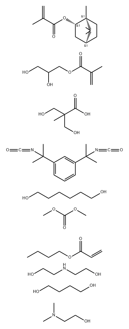 2,3-Dihydroxypropyl 2-methyl-2-propenoate polymer with 1,3-bis(1-isocyanato-1-methylethyl)benzene, 1,4-butanediol, butyl 2-propenoate, dimethyl carbonate, 1,6-hexanediol, 3-hydroxy-2-(hydroxymethyl)-2-methylpropanoic acid, 2,2'-iminobis[ethanol] and rel-( Struktur