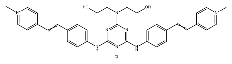 Pyridinium, 4,4-6-bis(2-hydroxyethyl)amino-1,3,5-triazine-2,4-diylbis(imino-4,1-phenylene-2,1-ethenediyl)bis1-methyl-, dichloride Struktur