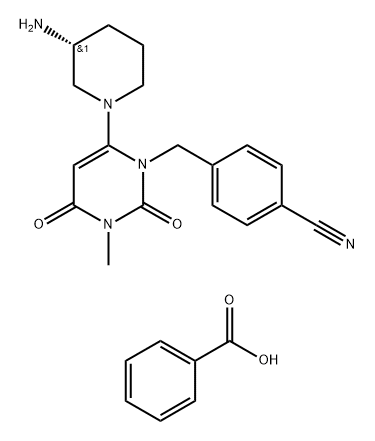 Benzonitrile, 4-[[6-[(3R)-3-amino-1-piperidinyl]-3,4-dihydro-3-methyl-2,4-dioxo-1(2H)-pyrimidinyl]methyl]-, benzoate (1:1) Struktur