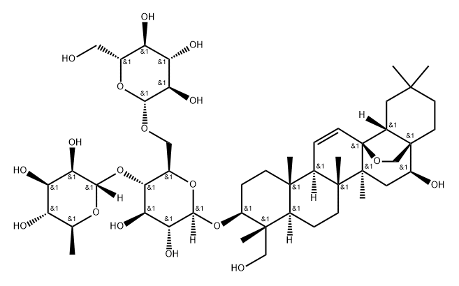 β-D-Glucopyranoside, (3β,4α,16β)-13,28-epoxy-16,23-dihydroxyolean-11-en-3-yl O-6-deoxy-α-L-mannopyranosyl-(1→4)-O-[β-D-glucopyranosyl-(1→6)]- (9CI) Struktur