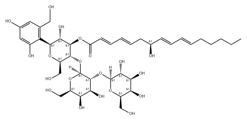 D-Glucitol, O-β-D-galactopyranosyl-(1→2)-O-β-D-galactopyranosyl-(1→3)-1,5-anhydro-1-C-[2,4-dihydroxy-6-(hydroxymethyl)phenyl]-, 3-[(2E,4E,7S,8E,10E)-7-hydroxy-2,4,8,10-hexadecatetraenoate] (9CI) Struktur