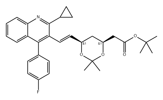 1,3-Dioxane-4-acetic acid, 6-[2-[2-cyclopropyl-4-(4-fluorophenyl)-3-quinolinyl]ethenyl]-2,2-dimethyl-, 1,1-dimethylethyl ester, [4S-[4α,6α(E)]]- (9CI) Struktur