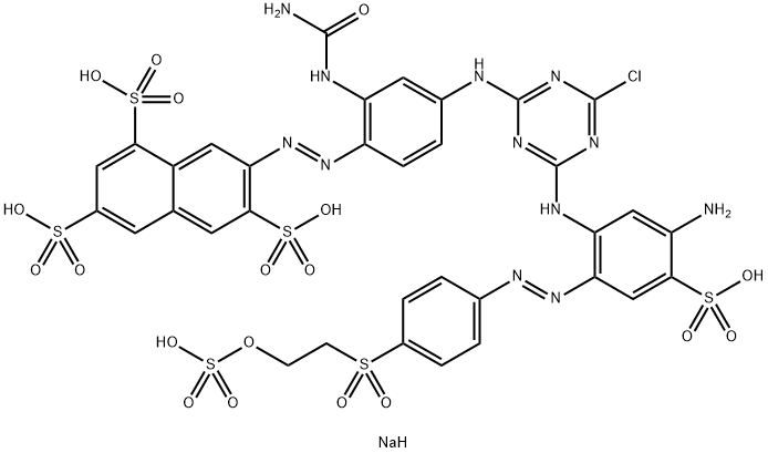 1,3,6-Naphthalenetrisulfonic acid, 7-2-(aminocarbonyl)amino-4-4-5-amino-4-sulfo-2-4-2-(sulfooxy)ethylsulfonylphenylazophenylamino-6-chloro-1,3,5-triazin-2-ylaminophenylazo-, sodium salt Struktur