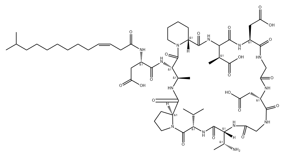 L-Proline, N-[(3Z)-12-methyl-1-oxo-3-tridecen-1-yl]-L-α-aspartyl-(2S,3R)-2,3-diaminobutanoyl-(2R)-2-piperidinecarbonyl-(3S)-3-methyl-L-α-aspartyl-L-α-aspartylglycyl-L-α-aspartylglycyl-(2R,3R)-2,3-diaminobutanoyl-L-valyl-, (11→2)-lactam Struktur