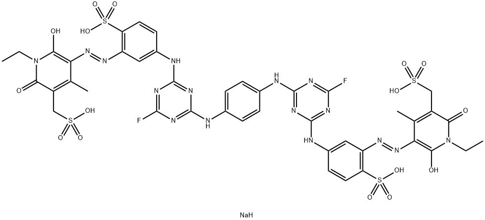 3-Pyridinemethanesulfonic acid, 5,5-1,4-phenylenebisimino(6-fluoro-1,3,5-triazine-4,2-diyl)imino(6-sulfo-3,1-phenylene)azobis1-ethyl-1,2-dihydro-6-hydroxy-4-methyl-2-oxo-, sodium salt Struktur