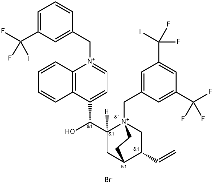 Cinchonanium, 1-[[3,5-bis(trifluoromethyl)phenyl]methyl]-9-hydroxy-1'-[[3-(trifluoromethyl)phenyl]methyl]-, bromide (1:2), (8α,9R)- Struktur