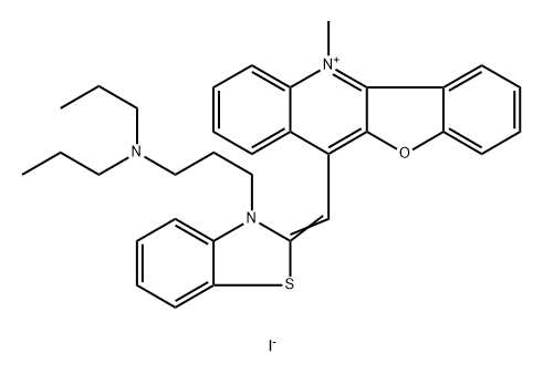 Benzofuro[3,2-b]quinolinium, 11-[[3-[3-(dipropylamino)propyl]-2(3H)-benzothiazolylidene]methyl]-5-methyl-, iodide (1:1) Struktur