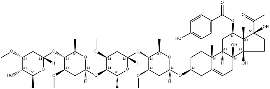 Qingyangshengenin 3-O-α-L-cymaropyranosyl-(1→4)-β-D-oleandropyranosyl-(1→4)-β-D-cymaropyranosyl-(1→4)-β-D-cymaropyranoside Struktur