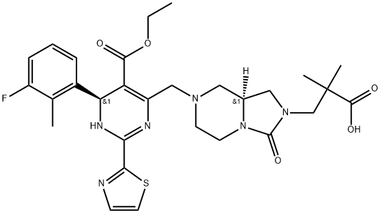 Imidazo[1,5-a]pyrazine-2(3H)-propanoic acid, 7-[[(6S)-5-(ethoxycarbonyl)-6-(3-fluoro-2-methylphenyl)-3,6-dihydro-2-(2-thiazolyl)-4-pyrimidinyl]methyl]hexahydro-α,α-dimethyl-3-oxo-, (8aS)- Struktur