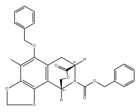 benzyl (7S,11R)-5-(benzyloxy)-4-methyl-8-oxo-7,8,10,11-tetrahydro-6H-7,11-epimino[1,3]dioxolo[4',5':5,6]benzo[1,2-d]oxocine-12-carboxylate Struktur