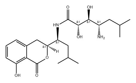 L-ribo-Heptonamide, 4-amino-4,5,6,7-tetradeoxy-N-[(1S)-1-[(3S)-3,4-dihydro-8-hydroxy-1-oxo-1H-2-benzopyran-3-yl]-3-methylbutyl]-6-methyl- Struktur