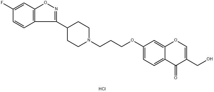 4H-1-Benzopyran-4-one, 7-[3-[4-(6-fluoro-1,2-benzisoxazol-3-yl)-1-piperidinyl]propoxy]-3-(hydroxymethyl)-, hydrochloride (1:1) Struktur