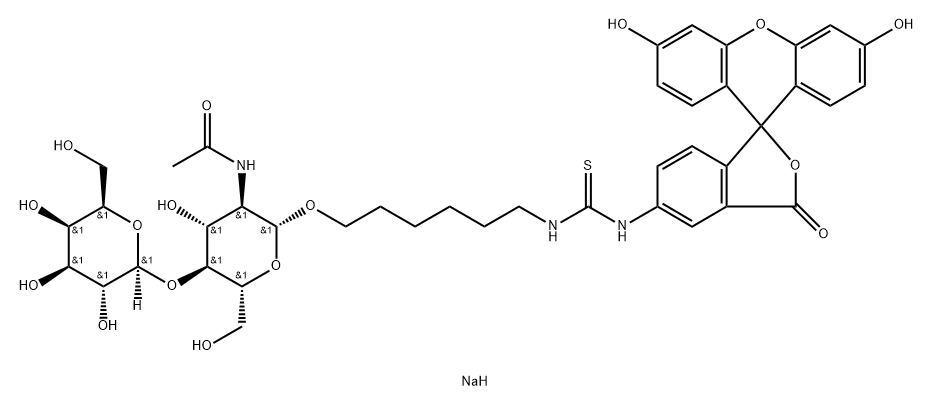 Thiourea, N-6-2-(acetylamino)-2-deoxy-4-O-.beta.-D-galactopyranosyl-.beta.-D-glucopyranosyloxyhexyl-N-(3,6-dihydroxy-3-oxospiroisobenzofuran-1(3H),9-9Hxanthen-5-yl)-, monosodium salt Struktur