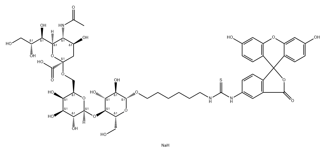 Thiourea, N-6-O-(N-acetyl-.alpha.-neuraminosyl)-(26)-O-.beta.-D-galactopyranosyl-(14)-.beta.-D-glucopyranosyloxyhexyl-N-(3,6-dihydroxy-3-oxospiroisobenzofuran-1(3H),9-9Hxanthen-5-yl)-, disodium salt Struktur